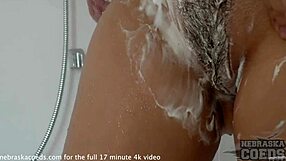 22yo blonde lucia shaving her hairy pussy then glass dildo shower masturbate