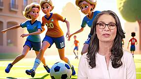 Histoire généré par IA: une maman et son beau fils joue au foot avec des pieds européens