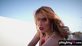 La Sirena 69 strips lingerie outdoors showing pierced nipples