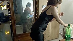 French amateur in black and white satin lingerie gets doggystyle fuck with blowjob and rimjob