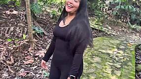 Brunette Latina with big natural tits licks huge cock from stranger in public garden
