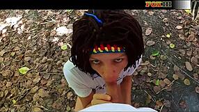 She gives POV blowjob in public park