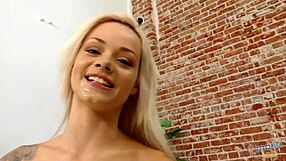 Elsa Jean gives handjob and jerk off instructions on the casting couch until cumshot.