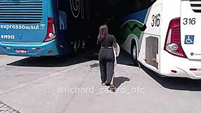 Latina teen with big ass caught giving blowjob to pornstar on public bus, leading to outdoor 1on1.