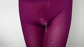 Subtle hints of desire build as cum drips over burgundy leggings in this teasing update.