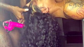 ebony lesbian strap on fun with renity love & majesty nasty in oiled piercing play