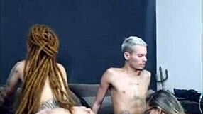 Brazilian Redhead with Dreadlocks Rides Friend Passionately While His Wife Gives Blowjob