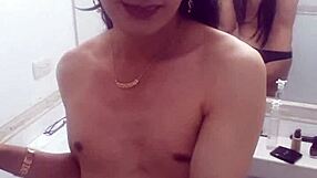 sexy and lovely crossdresser poses in lingerie showing off curves