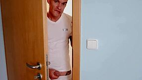 Agatha Shay joins boyfriend and roommate in dorm threesome with blowjob and petite action.