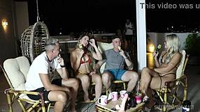 Blonde milf in lingerie gives handjob during bdsm casting interview with cuckold couple outdoors