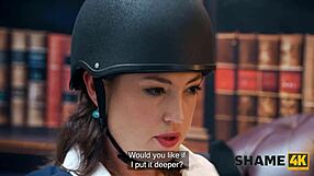 Oh man this kinky cowgirl got caught masturbating by her student in leather