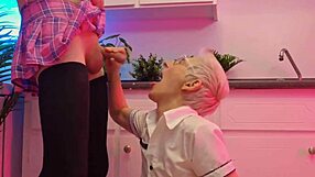 Piss in her cute face while she sucks and swallows cum