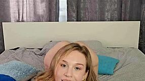 Blonde amateur in lingerie moans while fucking shaved tight pussy in pov