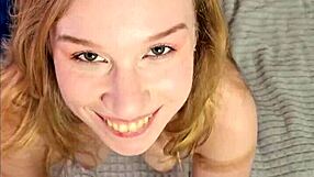 Blonde amateur in lingerie moans while fucking shaved tight pussy in pov