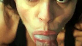 Brunette Fá Welter deepthroats director in wet blowjob scene with cumshot facial behind the scenes