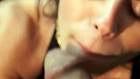 Brunette Fá Welter deepthroats director in wet blowjob scene with cumshot facial behind the scenes