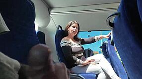 Exhibitionist lures curvy milf into public bus blowjob and handjob until he explodes cum in her mouth