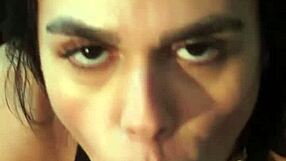 Brunette Fá Welter deepthroats director in wet blowjob scene with cumshot facial behind the scenes