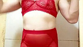 Crossdressing amateur in lingerie and miniskirt shows off