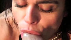 Brunette Fá Welter deepthroats director in wet blowjob scene with cumshot facial behind the scenes