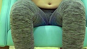 teen babe in leggings playfully teases her sugar daddy during workout photoshoot session