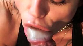 Brunette Fá Welter deepthroats director in wet blowjob scene with cumshot facial behind the scenes