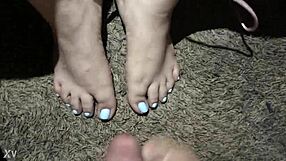 cumshot on her sexy feet and toes after footjob fetish fun