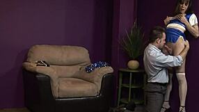Tranny in stockings gets cock sucked by cheerleader in high definition fetish scene