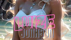 Blonde with striking blue eyes