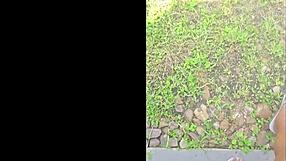 stomping through the garden yard with everything appearing tiny from my tall height perspective 🏡