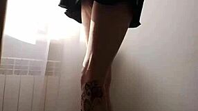 European milf Ginnagg reveals huge puffy pussy lips and saggy tits under skirt