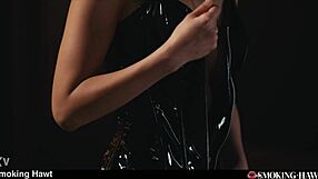 Sexy leather Japanese Asian girl Emiri gives smoking blowjob in see-through outfit with doggystyle action