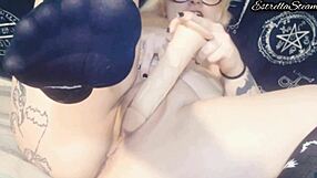 Curvy european chubby girl in leggings masturbates with dildo showing feet and tattoo