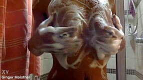 Ginger moisther shows soapy wet nipples and tits in closeup with belly view