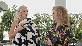 Curvy milf Sara Jay licks big ass and pussy of bisexual babe in interracial scene. She uses dildo for intense toy sex leading to cum.