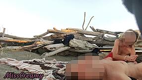 Public Flashing on Nude Beach with Sucking Big Cock and Cumshot Before Everyone - Misscreamy