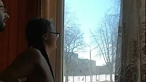 Helga bosk bareback sex outdoors with squirting orgasm by window as people pass