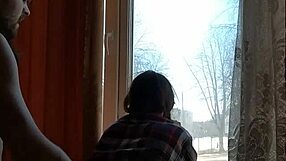 Helga bosk bareback sex outdoors with squirting orgasm by window as people pass
