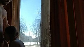 Helga bosk bareback sex outdoors with squirting orgasm by window as people pass