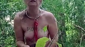 French Milf Slave Bound in Handcuffs Masturbates with Dildo Outdoors as Petite Exhibitionist Housewife