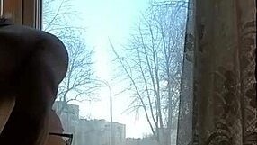 Helga bosk bareback sex outdoors with squirting orgasm by window as people pass