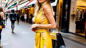 Shopping afternoon turns into an illustrated leather dream with blonde in changing room and upskirt views