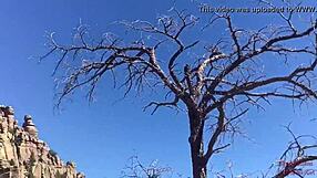 Blonde mit kurzen Haaren gibt Deepthroat-Blowjob an großen Schwanz auf öffentlichem Wanderweg und schluckt Sperma.