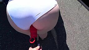 i got my girlfriend with strap-on fucking this milf's fat booty outdoors near the car