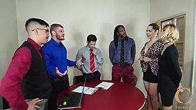 Office slut takes double penetration with big black cocks in bareback gangbang