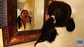 inked ponytail brunette casey cumz gives handjob and boob job in lingerie