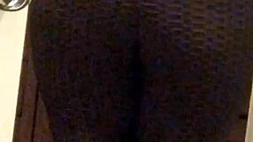 Wife in leggings showcasing her ass with a voyeur twist in milf style