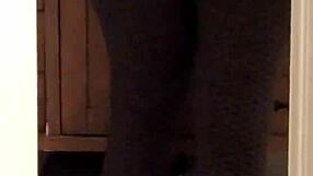 Wife in leggings showcasing her ass with a voyeur twist in milf style