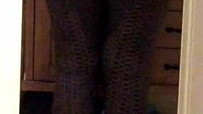 Wife in leggings showcasing her ass with a voyeur twist in milf style