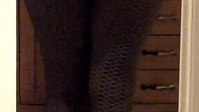 Wife in leggings showcasing her ass with a voyeur twist in milf style